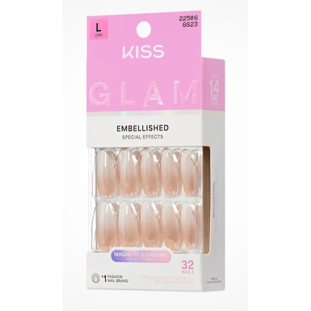 KISS Glam Embellished Special Effects Magnetic Chrome Press-On Nails Long Pink